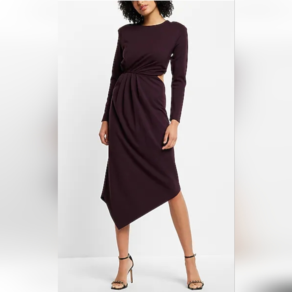 Express NWT Long-Sleeved Ruched Asymmetrical Hem Midi Dress Women's Size Medium